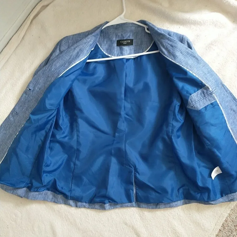 Talbots Blazer Jacket Womens MPetite Blue 100% Linen 2-Button Lined Coastal